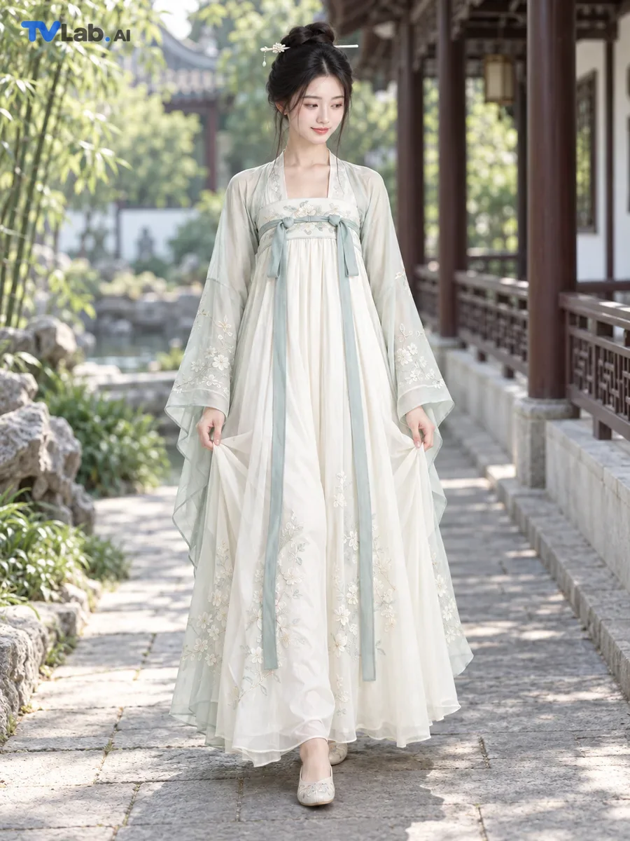 按提裙迈步姿势生成的古风汉服写真