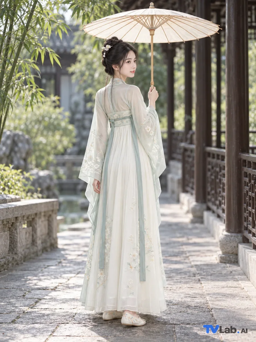 按撑伞回眸姿势生成的古风汉服写真