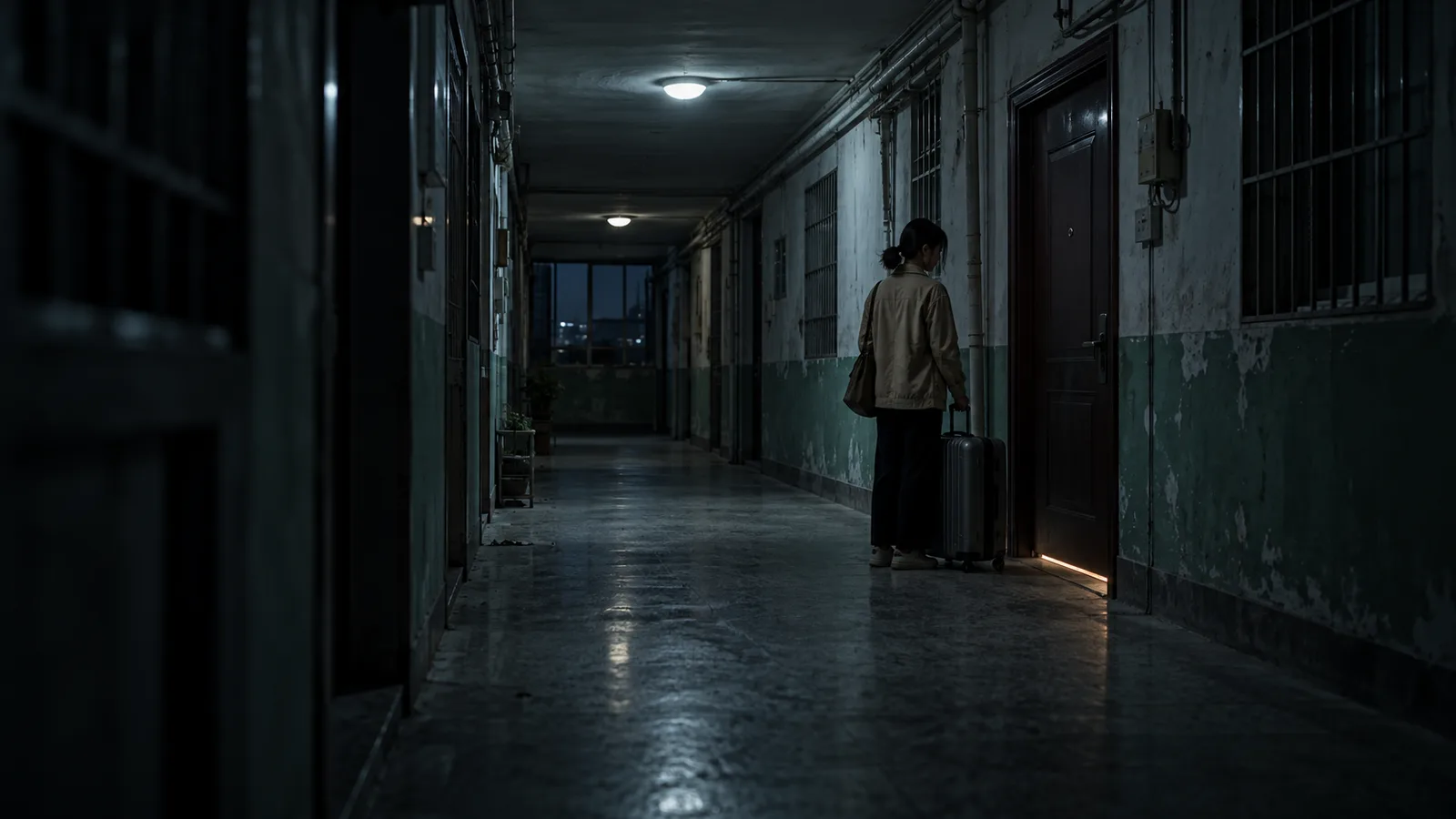 冷青色的老公寓楼道里,年轻女人拖着行李箱停在紧闭的门前,门下透出一线暖光。