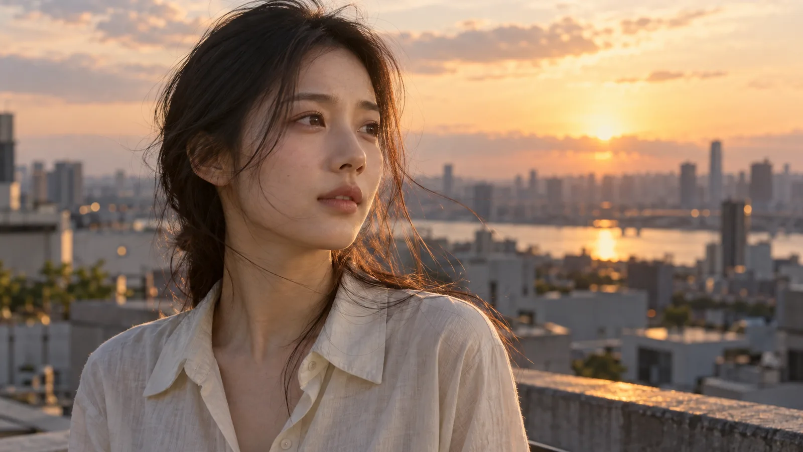 年轻女孩站在黄昏的天台上,金色夕阳轻照侧脸,微风拂动发丝,远处城市与江面柔和虚化。