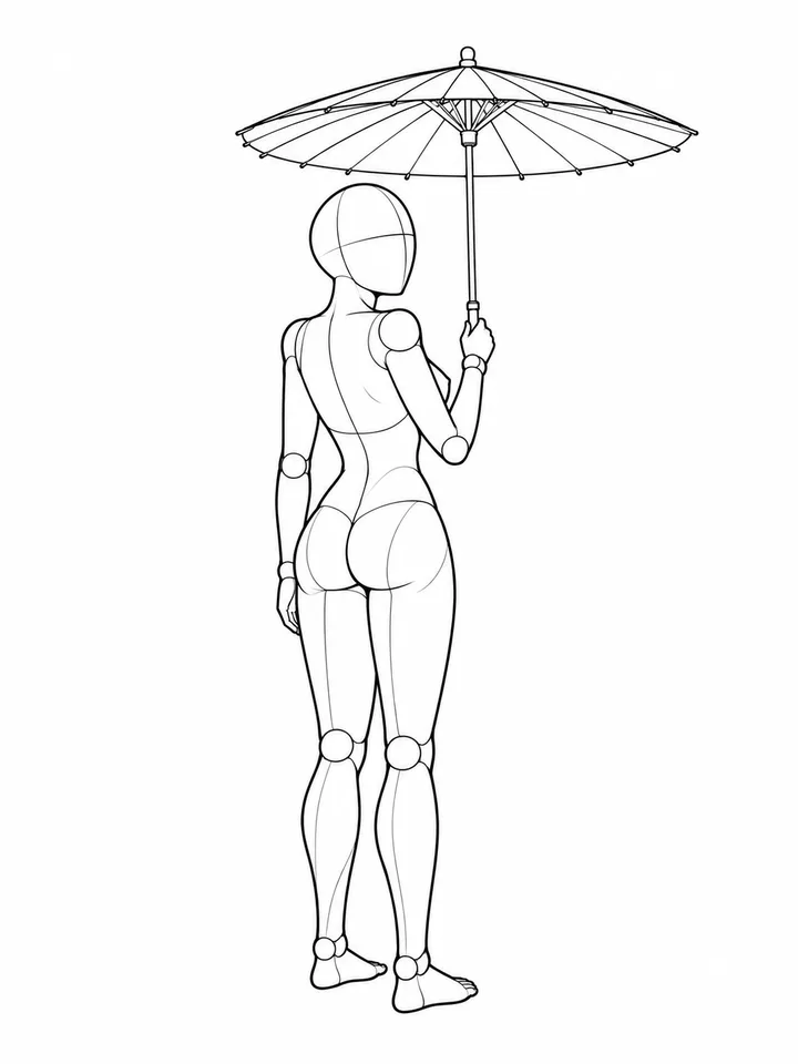撑伞回眸姿势人台线稿，正面